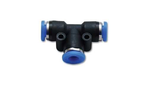 Vibrant Union Tee pneumatic vacuum fitting, black plastic body with blue push-to-connect ports, for 5/32in tubing