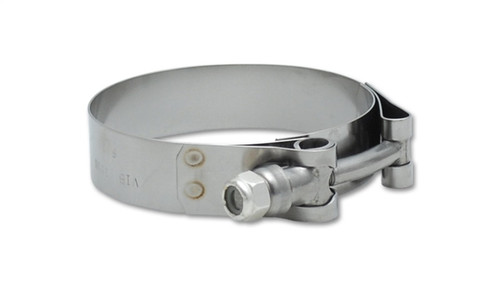 Vibrant stainless steel T-bolt clamp, front angled view showing the bolt housing, nut, and hinge mechanism.