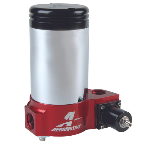 Aeromotive A2000 fuel pump, front angled view with red housing, silver canister, black top and inlet fittings.