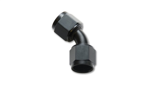 Vibrant -10AN female flare swivel 45 degree fitting, black anodized, side view showing both hex ends
