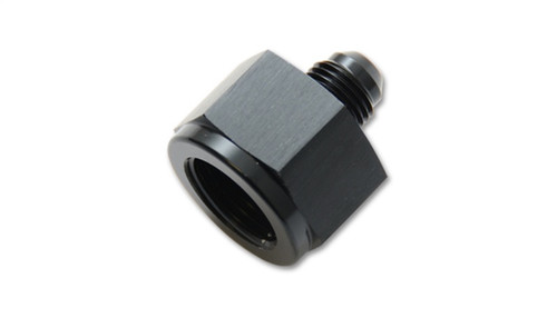 Vibrant -10AN female to -6AN male reducer adapter fitting, black anodized aluminum, hex body with flare ports visible