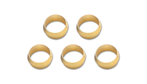 Vibrant Brass Olive Inserts 1/2in, set of 5 compression ferrules arranged in a staggered row on white background