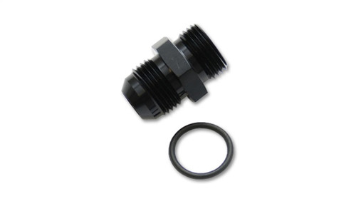 Vibrant -10AN flare to straight thread adapter fitting shown at an angle with matching black O-ring below it.