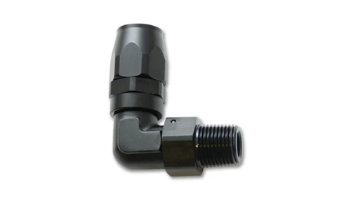 Vibrant -8AN 90 degree male NPT hose end fitting, black anodized, 1/2 NPT threaded end visible.