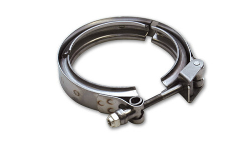 Vibrant stainless steel quick release V-band clamp, front angle view showing T-bolt lever and hinge assembly.