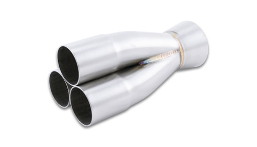 Vibrant stainless steel 3-1 merge collector, 1.625in tri-tube inlet, 2.5in tapered outlet, angled view showing weld seams
