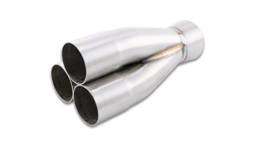 Vibrant 3-1 merge collector, polished stainless steel, three 1.875in tube inlets tapering to a single 2.50in outlet.