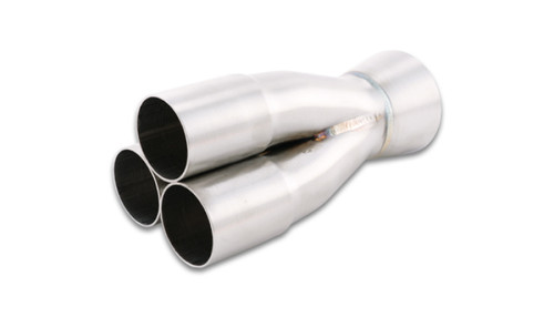 Vibrant 3-1 merge collector, three 1.50in inlet tubes tapering into a 2.00in outlet, angled view.