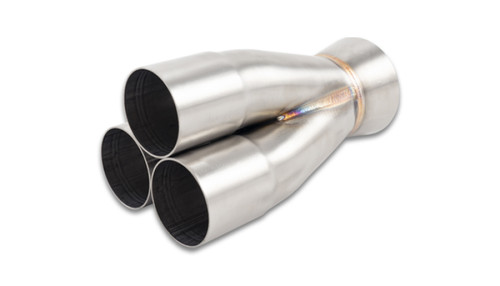 Vibrant 3-1 merge collector, stainless steel, three round inlets tapering to single outlet, welded seam visible.