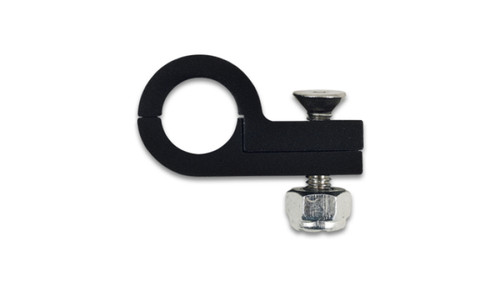 Vibrant P-Clamp Hole 5/8in, black aluminum clamp with screw and nut, side view on white background