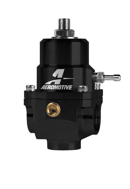 Aeromotive adjustable fuel pressure regulator, black body, dual -08 inlets, brass gauge port, side view
