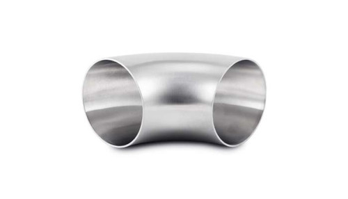 Vibrant 2.75in OD T304 stainless steel 90 degree mandrel bend elbow, polished tube shown at three quarter angle