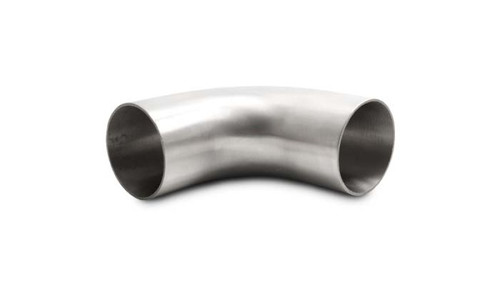 Vibrant 2.5in OD T304 stainless 90 degree mandrel bend tube, extended leg length, shown at an angle