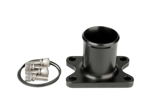 Aeromotive Spur Gear Pump Inlet 1-1/4in shown at an angle, black flange fitting with hose clamps and O-ring beside it