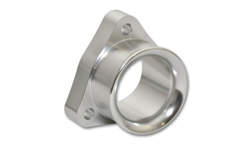 Vibrant Nissan SR20 turbo compressor aluminum outlet flange, angled view showing oval bolt holes and polished round outlet bore.