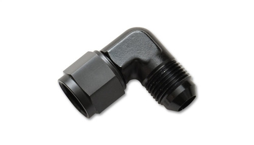 Vibrant black anodized -3AN female to -3AN male 90 degree swivel adapter fitting, elbow shape, hex nut and threaded ends visible