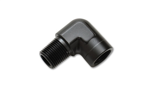 Vibrant 1/8in NPT female to male 90 degree pipe adapter fitting, black anodized, threads visible on both ends