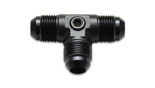 Vibrant black anodized aluminum -6AN male tee fitting, three flared ports with a center 1/8in NPT port, front view.