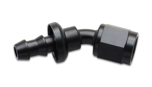 Vibrant black anodized 30 degree push-on hose end elbow, size -4AN, barb on left, hex nut swivel on right