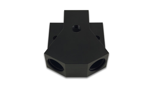 Vibrant black billet aluminum Y-block fitting, top down angle showing NPT port and dual ORB ports