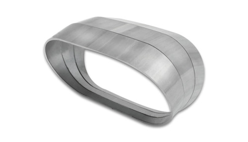 Vibrant vertical 304 SS oval pie cut, 4.0in OD tight 45 degree elbow, angled view showing brushed metal seams