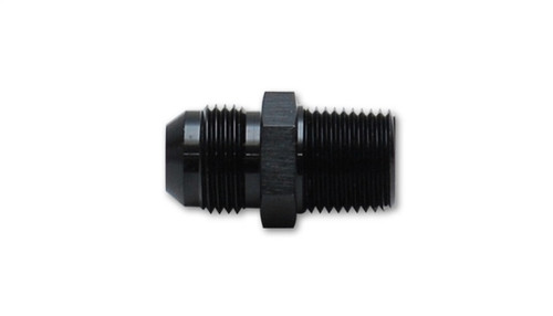 Vibrant -12AN to 1/2in NPT straight adapter fitting, black aluminum, hex center, both threaded ends visible.