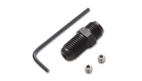 Vibrant -4AN to 1/8in NPT oil restrictor fitting kit with hex key and two set screws, black anodized fitting