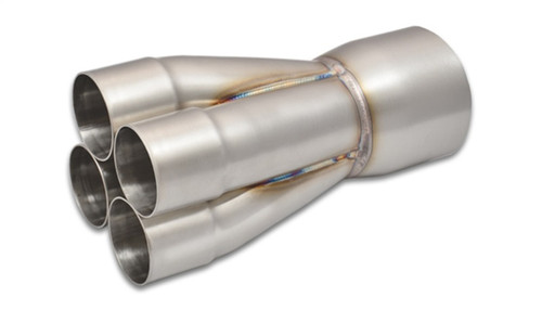 Vibrant 4-1 stainless merge collector, four 2-1/4in tubes fusing into a single 4in outlet, angled view