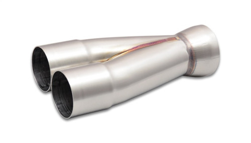 Vibrant stainless steel 2-1 merge collector, dual 2in inlets tapering to a single 2-1/2in outlet, angled view.