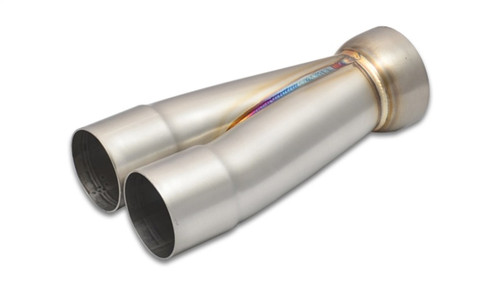 Vibrant 2-1 SS merge collector, dual 2.25in inlets to single 3in outlet, angled view showing weld seam