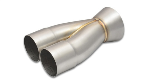 Vibrant 2-1 SS merge collector, dual 2.5in slip-over inlets joining into single 3.5in outlet, brazed seam visible.