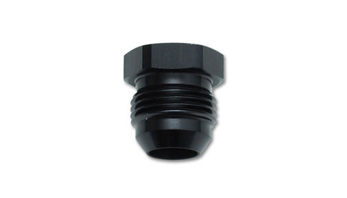 Vibrant -3AN Flare Plug in black aluminum, hex head with male AN threaded flare fitting, front angled view.