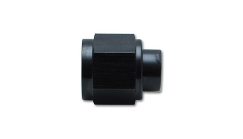 Vibrant -4AN aluminum flare cap in black, hex nut end facing forward, smooth cylindrical body shown at a slight angle.