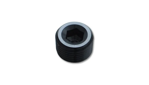 Vibrant 1/2in NPT aluminum socket pipe plug, black finish, hex socket head, threaded body, top angle view