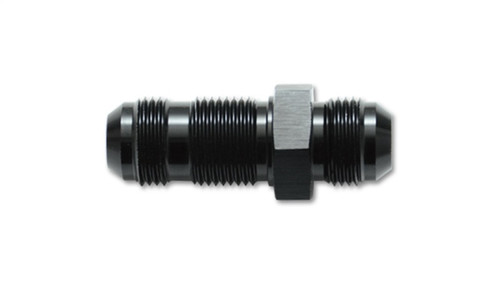 Vibrant -10AN flare straight bulkhead adapter, black anodized aluminum fitting with silver hex nut, side view.