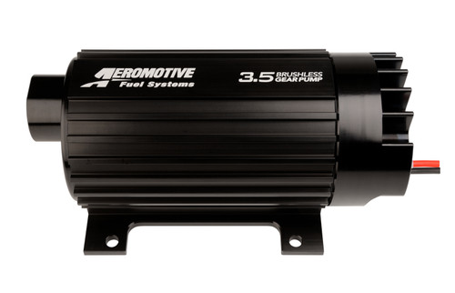 Aeromotive 3.5 brushless spur gear fuel pump, in line, black finned housing, mounting bracket, side view