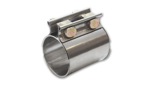 Vibrant TC Series stainless exhaust sleeve butt joint clamp, 3.5in tubing, angled view showing dual bolts and saddle bands