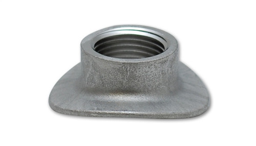 Vibrant saddle style O2 sensor weld bung, T304 stainless, M18x1.5 threaded, angled top view on flat oval base.