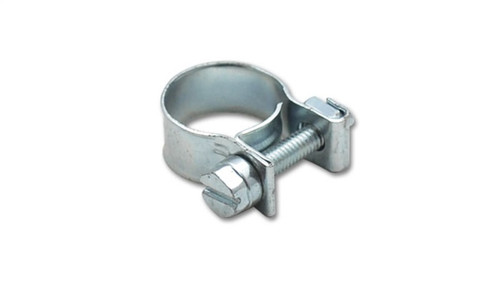 Vibrant fuel injector style mini hose clamp, zinc plated steel, side view showing screw and band.