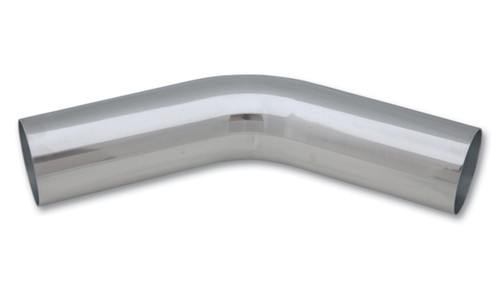Vibrant 1.5in O.D. polished aluminum tubing, 45 degree bend, shown at an angle on plain background