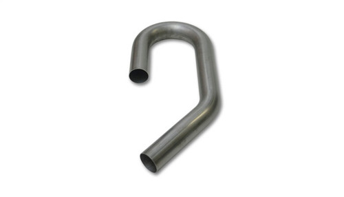 Vibrant 2.5in O.D. T304 SS U-J mandrel bent tubing, curved exhaust pipe with open ends shown at an angle