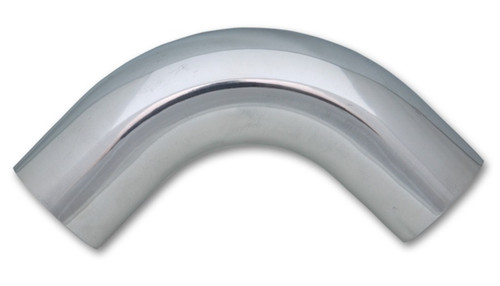 Vibrant 2.25in O.D. polished aluminum tubing, 90 degree bend, smooth mandrel curve on plain background