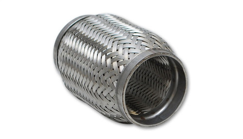 Vibrant SS flex coupling, angled view showing braided mesh body and inner liner at both open ends