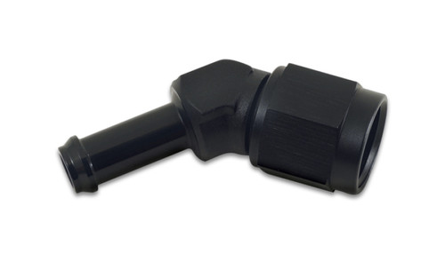 Vibrant black anodized 45 degree fitting, female AN swivel nut on one end, barb hose end on the other.