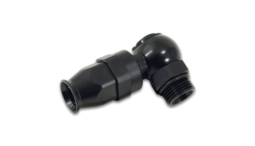 Vibrant -8AN to -8ORB 90 degree adapter for PTFE hose, black anodized fitting, side angle view