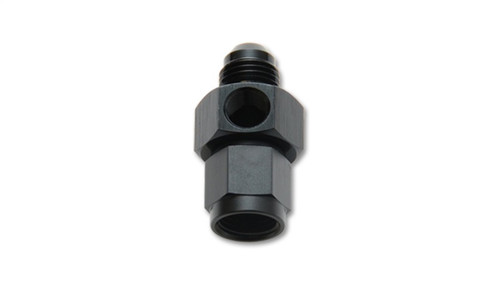 Vibrant -6AN male to female union adapter with 1/8in NPT gauge port, black anodized, angled view