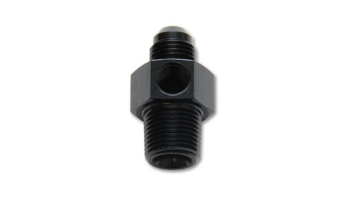 Vibrant -8AN male to 3/8in NPT male union adapter, black anodized, side angle showing 1/8in NPT port