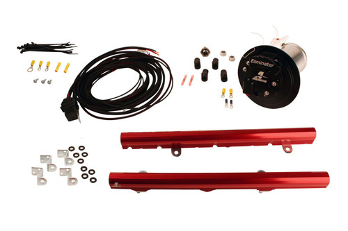 Aeromotive Camaro fuel system kit, Eliminator pump, red LS3 fuel rails, wiring harness, cable ties and fittings