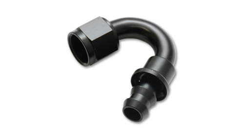 Vibrant -12AN push-on 150 degree hose end fitting, black anodized aluminum, barbed nipple with swivel nut, side view.