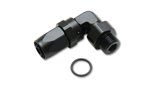 Vibrant black anodized -10AN 90 degree hose end fitting with 7/8-14 male thread and O-ring, side view
